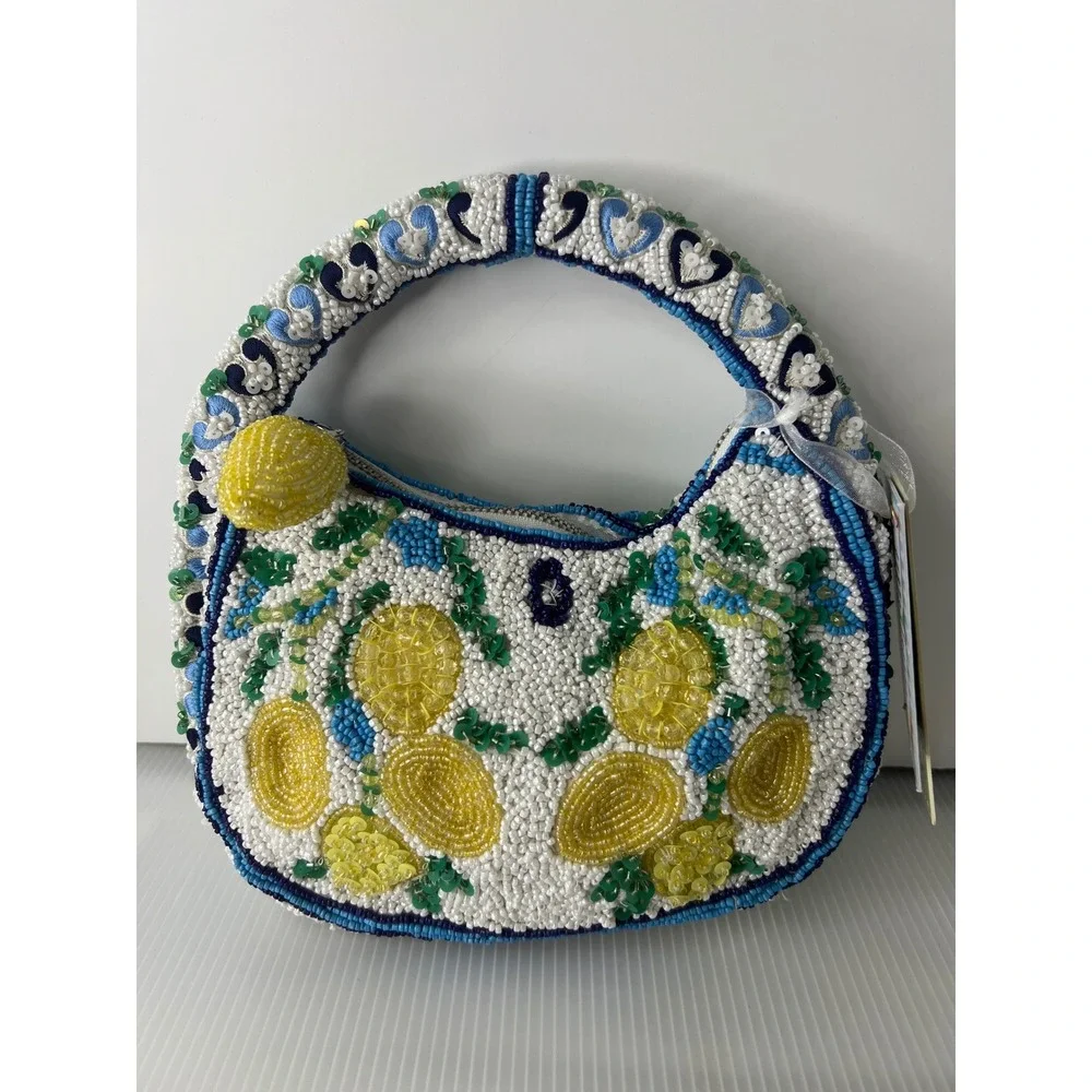 Handcrafted Beaded Lemon Mini Bag White Blue Yellow Citrus Fruit Hobo Handbag